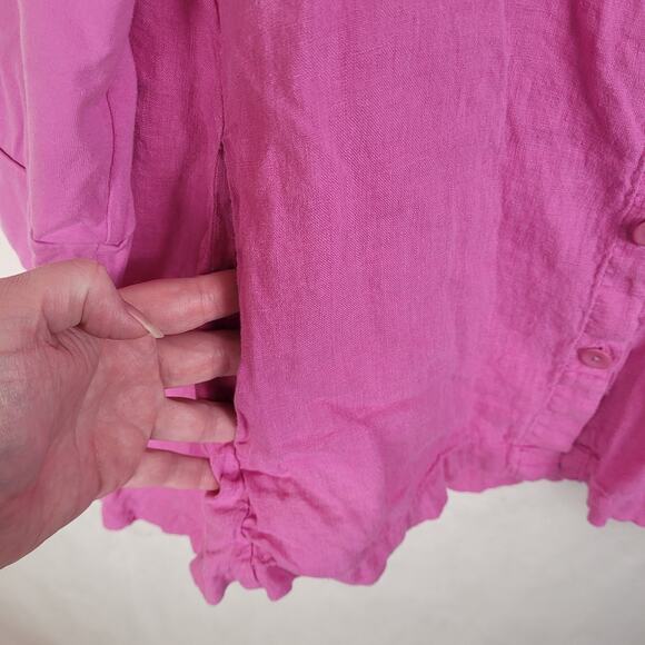 Flax pink button up linen top Size Large Lagenlook Hygge Casual Pockets - Picture 4 of 7